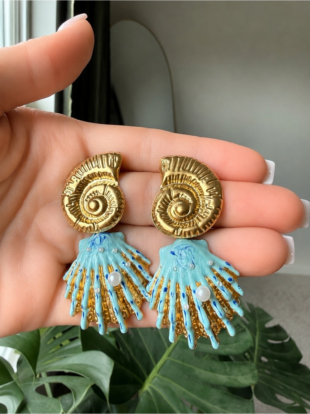 Ocean Shell Statement Earrings Blue Gold Coastal Beach Glam